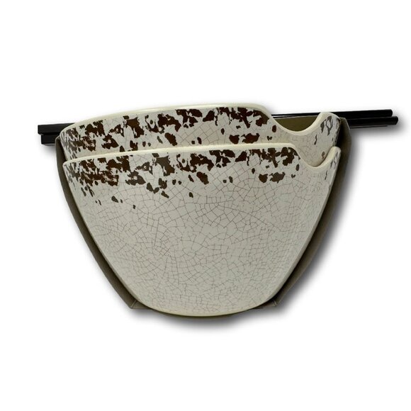 Tommy Bahama Melamine Set of 2 Ramen Bowls with Chopsticks Crackle White Rustic - Picture 3 of 3